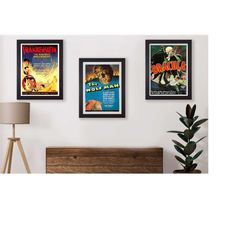 set of 3 vintage horror movie prints / 3 sizes / framed available / wall decor / movie posters / wall art / retro home d