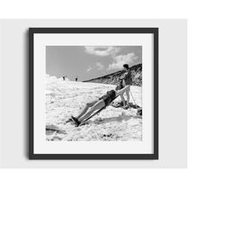 vintage bikini ski photo print - digital download, printable art, vintage ski art, ski home decor, ski lodge wall decor,