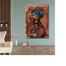 woman painting with necklace, bracelet and turban, afro