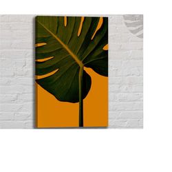 orange background minimalist monstera deliciosa leaves canvas wall