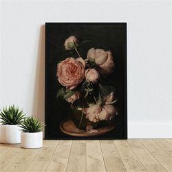 moody vintage flower canvas wall art, dark floral still life oil painting, antique art, home decor, gift idea, wrapped,