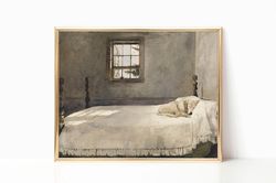 master bedroom by andrew wyeth dog sleeping in bed giclee canvas print poster framed watercolor painting vintage victori