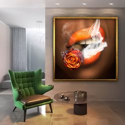 lip canvas, smoker lip painting, sexy lips canvas print, cigarette with rose wall art, lip canvas painting, lip poster.j