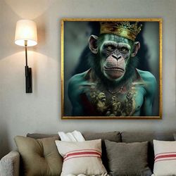 monkey king canvas, monkey in suit canvas print, monkey poster, zombie monkey wall art, monkey painting, king monkey hom