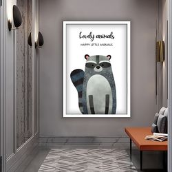 raccoon canvas, cute animals canvas print, nursery decor, kids art, cartoon animals canvas painting.jpg