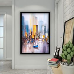 sailing landscape painting, boat and houses wall art, seascape painting, boat canvas print.jpg