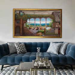 surreal landscape canvas, balcony view abstract painting, seascape surreal wall art, terrace abstract canvas print.jpg