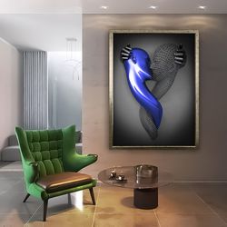 the kiss blue and grey art print on canvas ready to hang canvas valentines day gift, love heart canvas wall art, hugging