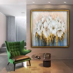 white and gold floral painting, white flowers canvas print, floral wall art, white rose painting, floral framed wall art