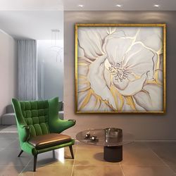 white and gold floral painting, white rose canvas print, floral wall art, white rose painting, floral framed wall art 1