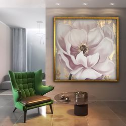 white and gold floral painting, white rose canvas print, floral wall art, white rose painting, floral framed wall art 2