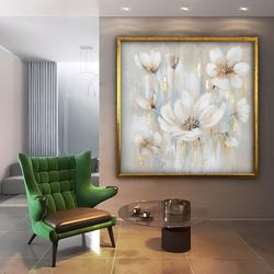 white and gold floral painting, white rose canvas print, floral wall art, white rose painting, floral framed wall art