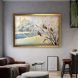 winter landscape canvas, birds and snow canvas painting, nature wall art, landscape painting, sparrows and nature canvas