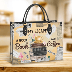 book my escape a good book and coffee leather bag, best gifts for book lovers, women's pu leather bag