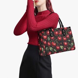 black cherry kiss purse handbag, faux leather luxury hand bag, unique womens goth shoulder bag, vegan strap, luxe jane