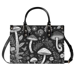 black white mushrooms vegan leather purse, cute women hand bag shoulder bag, vegan strap, cottagecore purse boho gift