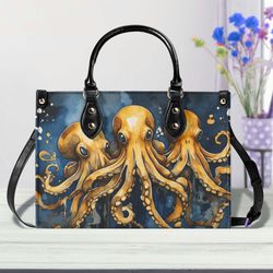 blue octopus purse, faux leather hand bag, unique sea creatures womens shoulder bag, vegan strap, luxe jane