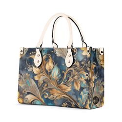 blue tapestry purse handbag, blue green unique abstract floral large tote bag vegan leather, womens luxury shoulder bag