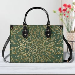 elegant green leaf mandala purse, vegan leather hand bag, unique womens shoulder bag, vegan strap, luxe jane
