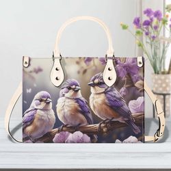 elegant purple birds floral purse, song bird flowers vegan leather hand bag, unique womens luxury shoulder bag, vegan