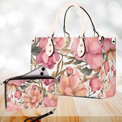 elegant pink flowers purse, spring floral faux leather hand bag, unique womens shoulder bag, vegan strap, luxe jane