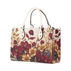 elegant red flowers purse, floral faux leather hand bag, unique womens shoulder bag, vegan strap, luxe jane