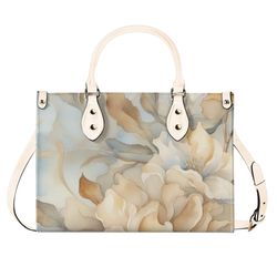elegant tan light blue floral purse, pastel spring flowers vegan leather hand bag, unique womens luxury shoulder bag