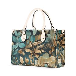 elegant teal floral purse, blue green tan flowers vegan leather hand bag, unique womens luxury shoulder bag, vegan strap