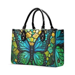 elegant turquoise butterfly tote purse, blue green stained glass handbag vegan leather, unique womens luxury shoulder ba