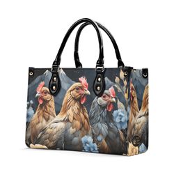 farmhouse chickens purse handbag, faux leather luxury hand bag, unique womens shoulder bag, vegan strap, luxe jane