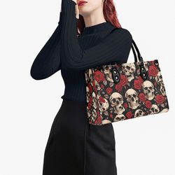 goth skulls and red roses purse handbag, faux leather luxury hand bag, unique womens gothic shoulder bag, vegan strap