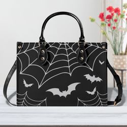 gothic spiderweb and bats purse, vegan hand bag, spooky black handbag, select a size, adjustable length shoulder strap