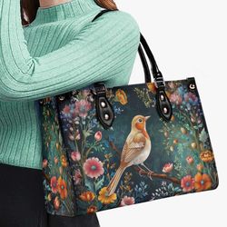 magic garden nightingale bird purse, vegan leather cottagecore handbag, floral shoulder bag, womens satchel luxe jane