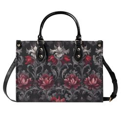 midnight peony - goth red flowers purse, floral faux leather hand bag, unique womens shoulder bag, vegan strap, luxe