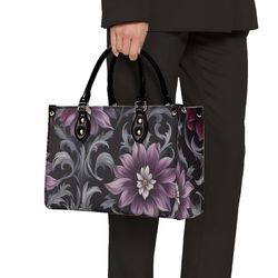 mystery & delight- goth purple flowers purse, floral faux leather hand bag, unique womens shoulder bag, vegan strap