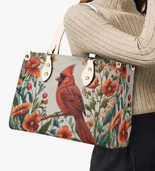 red cardinal bird purse, vegan leather cottagecore handbag, floral shoulder bag, womens satchel luxe jane