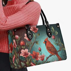 red cardinal purse, turquoise bird bag, vegan leather cottagecore handbag, floral shoulder bag, womens satchel luxe jane