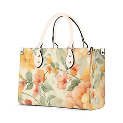romantic orange floral purse, pastel spring tan flowers vegan leather hand bag, unique womens luxury shoulder bag, vegan