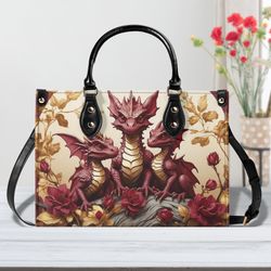 red dragon purse, faux leather hand bag, unique fantasy womens shoulder bag, vegan strap, dnd gift, luxe jane