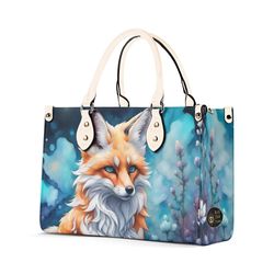 stunning winter fox purse, vegan leather cottagecore handbag, blue forest animals woodland shoulder bag, womens satchel