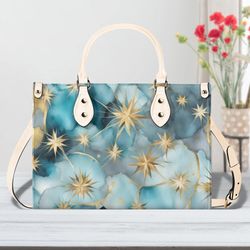 turquoise celestial stars tote purse, blue green unique artistic handbag vegan leather, womens luxury shoulder bag