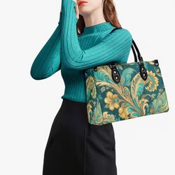 turquoise tapestry paisley tote purse, blue green unique abstract handbag vegan leather, womens luxury shoulder bag