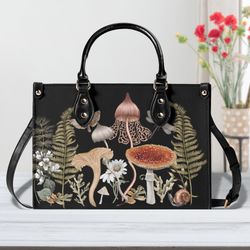 witchy mushrooms faux leather purse, cute women hand bag shoulder bag, vegan strap, cottagecore purse boho gift, luxe