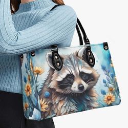 raccoon luxury purse, blue cheerful vegan leather cottagecore handbag, forest woodland animals shoulder bag, womens