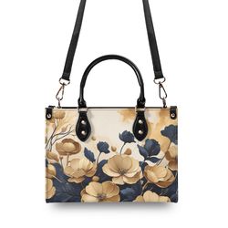 elegant blue flowers purse, floral faux leather hand bag, unique womens shoulder bag, vegan strap, luxe jane