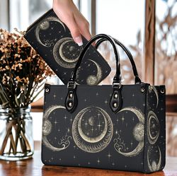 boho witch triple moon child top handles vegan leather tote handbag, witchy goth celestial purse & shoulder strap