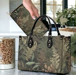 botanical tropical olive green forest foilage top handles vegan leather tote handbag, luxury nature whimsical crossbody