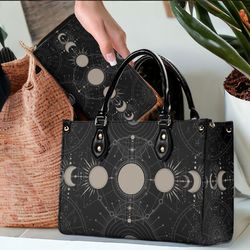 celestial moon phase top handles vegan leather tote purse, dark academia alchemy handbag shoulder strap, astrology bag