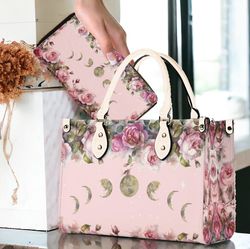 cherry pink rose moon top handles vegan leather handbag, shoulder strap purse, french pastel floral crossbody bag wall