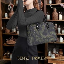 cottagecore fern forest celestial top handles vegan leather tote purse handbag, whimsical zipped shoulder bag, nature